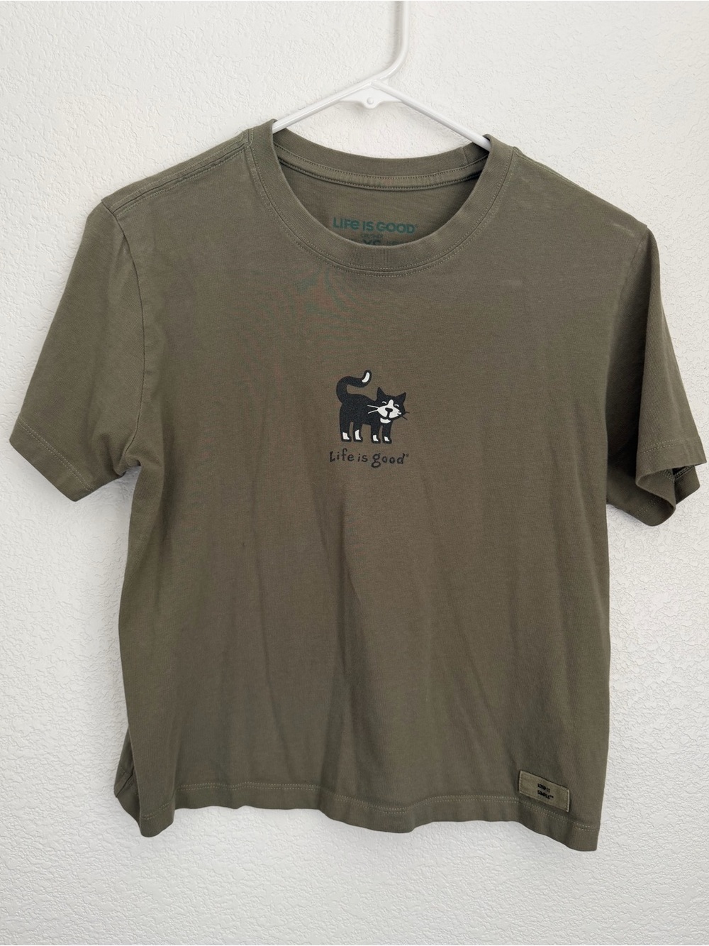 Life is Good Olive Green Cat Graphic Tee
